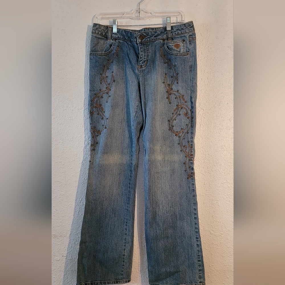 Harley Davidson Flare Studded Embellished Pants Faded Distressed